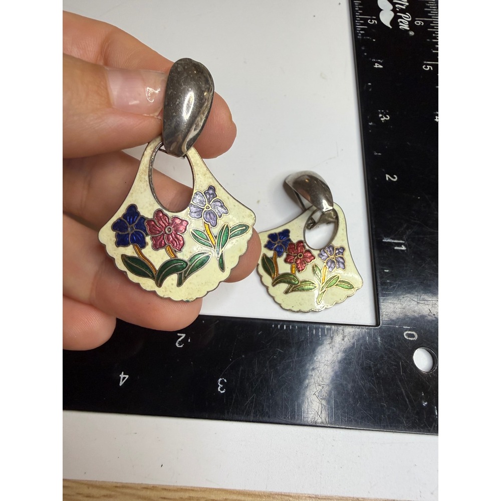 Vintage Floral Enamel Fan Drop Earrings Silver Tone Omega Clip On Botanical
